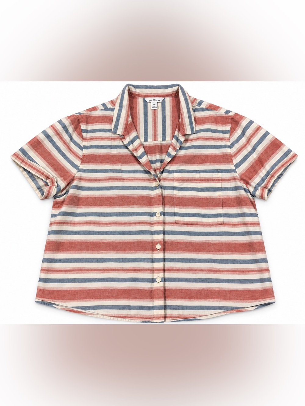 Vintage Bean Signature XL Striped Camp Shirt Red Blue Cotton Blend